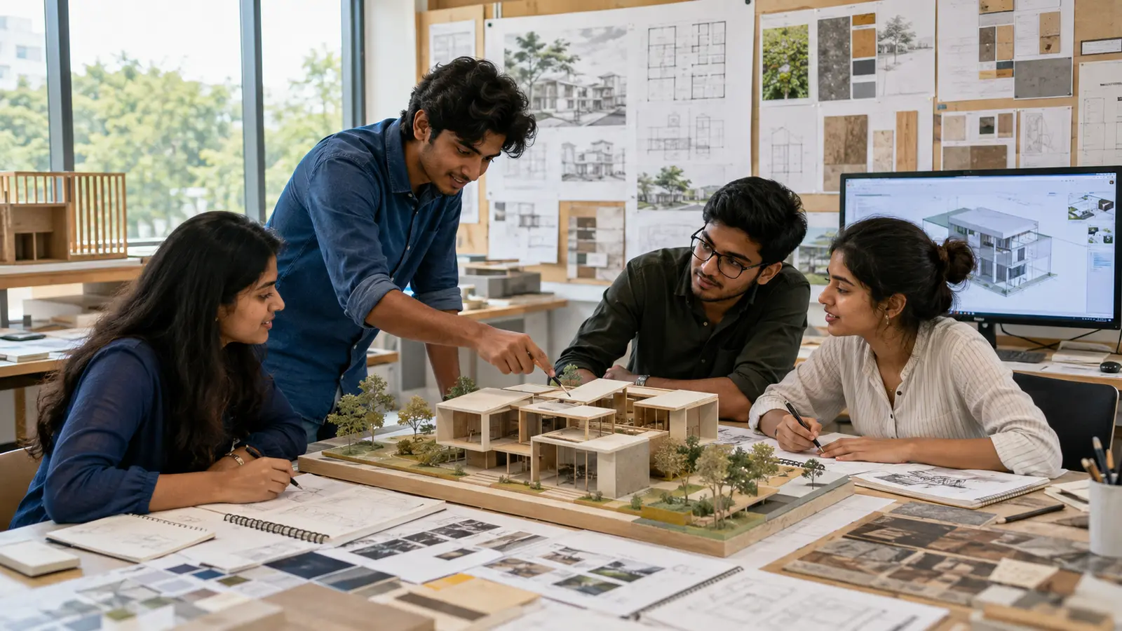 Indian Architecture students developing a sustainable building design with drawings, a physical model and BIM