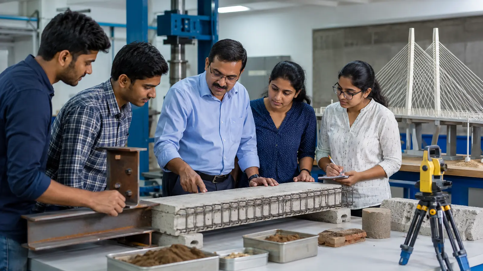 Indian Civil Engineering students examining concrete, steel and surveying equipment in a structures laboratory