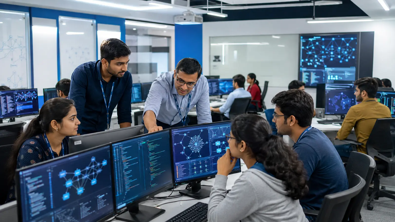 Indian Computer Science Engineering students building software and distributed systems in a university laboratory