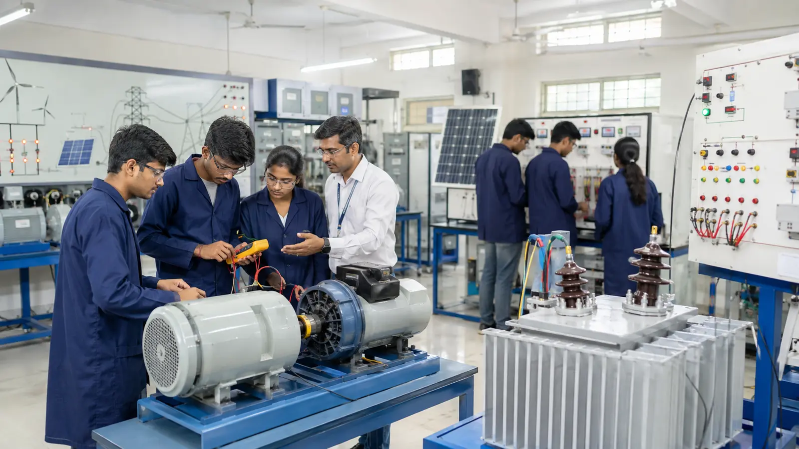 Indian Electrical Engineering students examining a transformer and electrical machines in a university laboratory