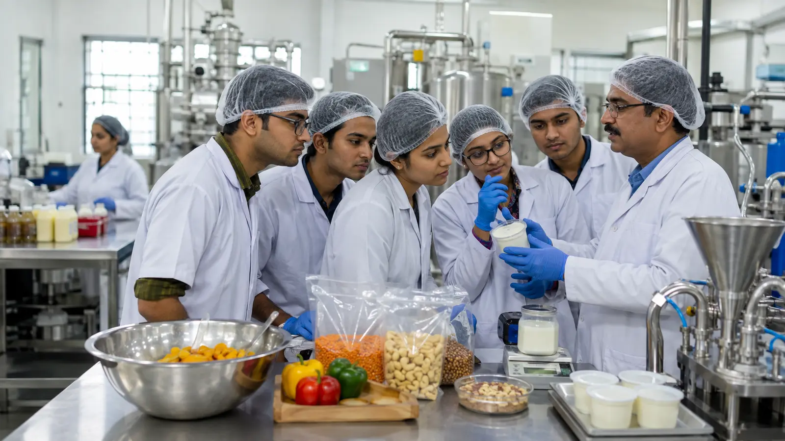 Indian food technology students testing processed food quality in a modern laboratory