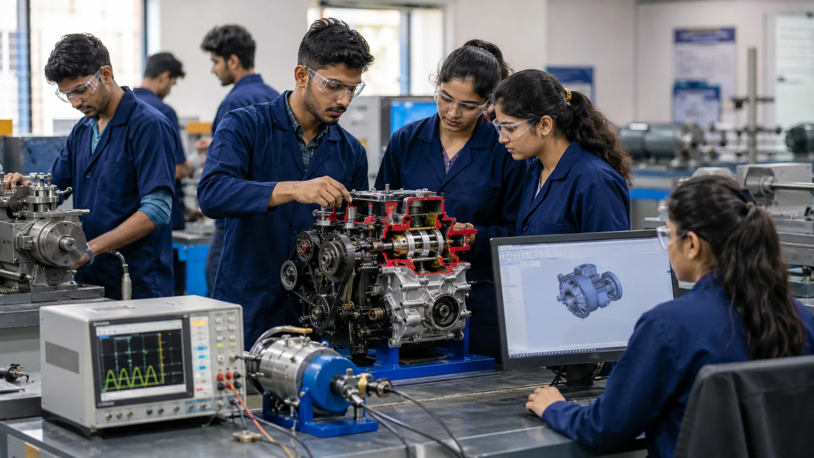 Indian students learning Mechanical Engineering through practical work